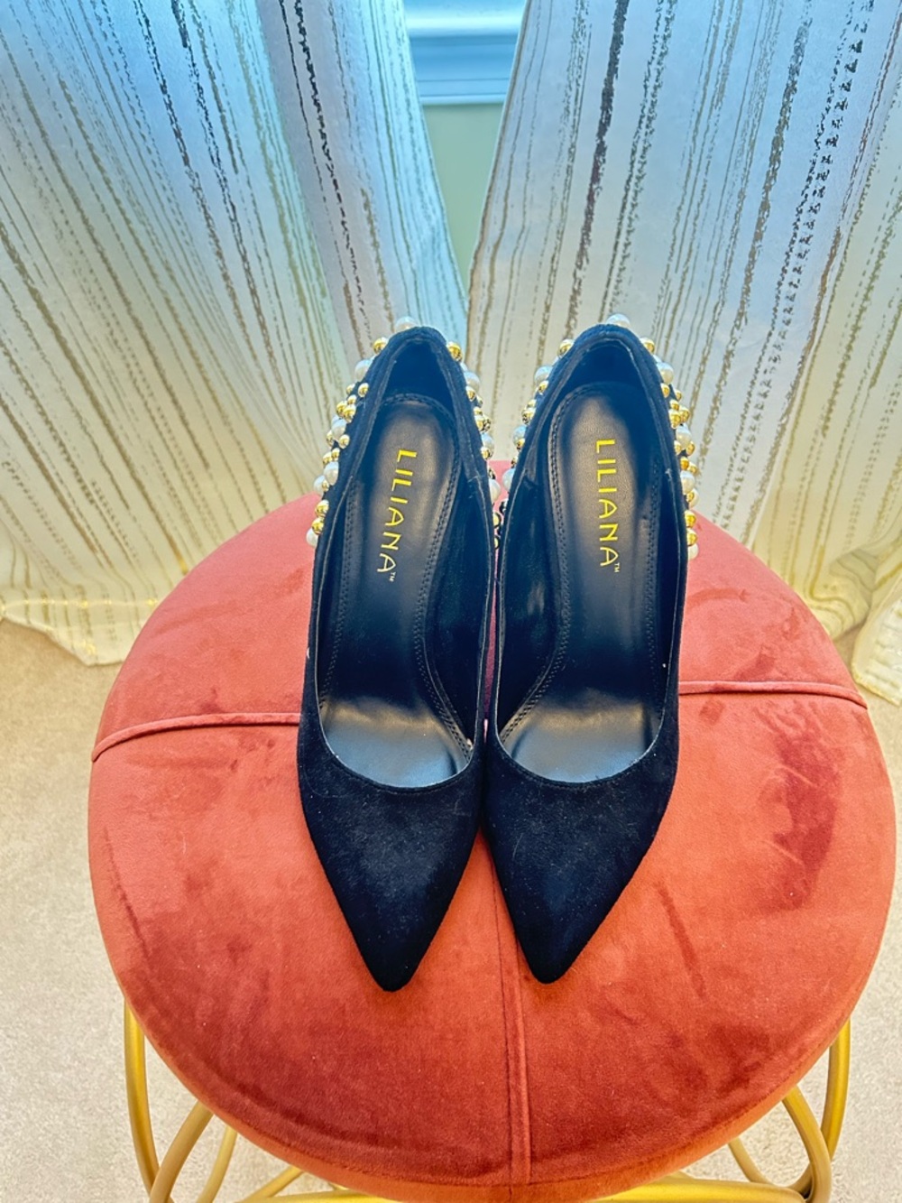 Liliana Black Pointed Toe Pearl-Trim Heels